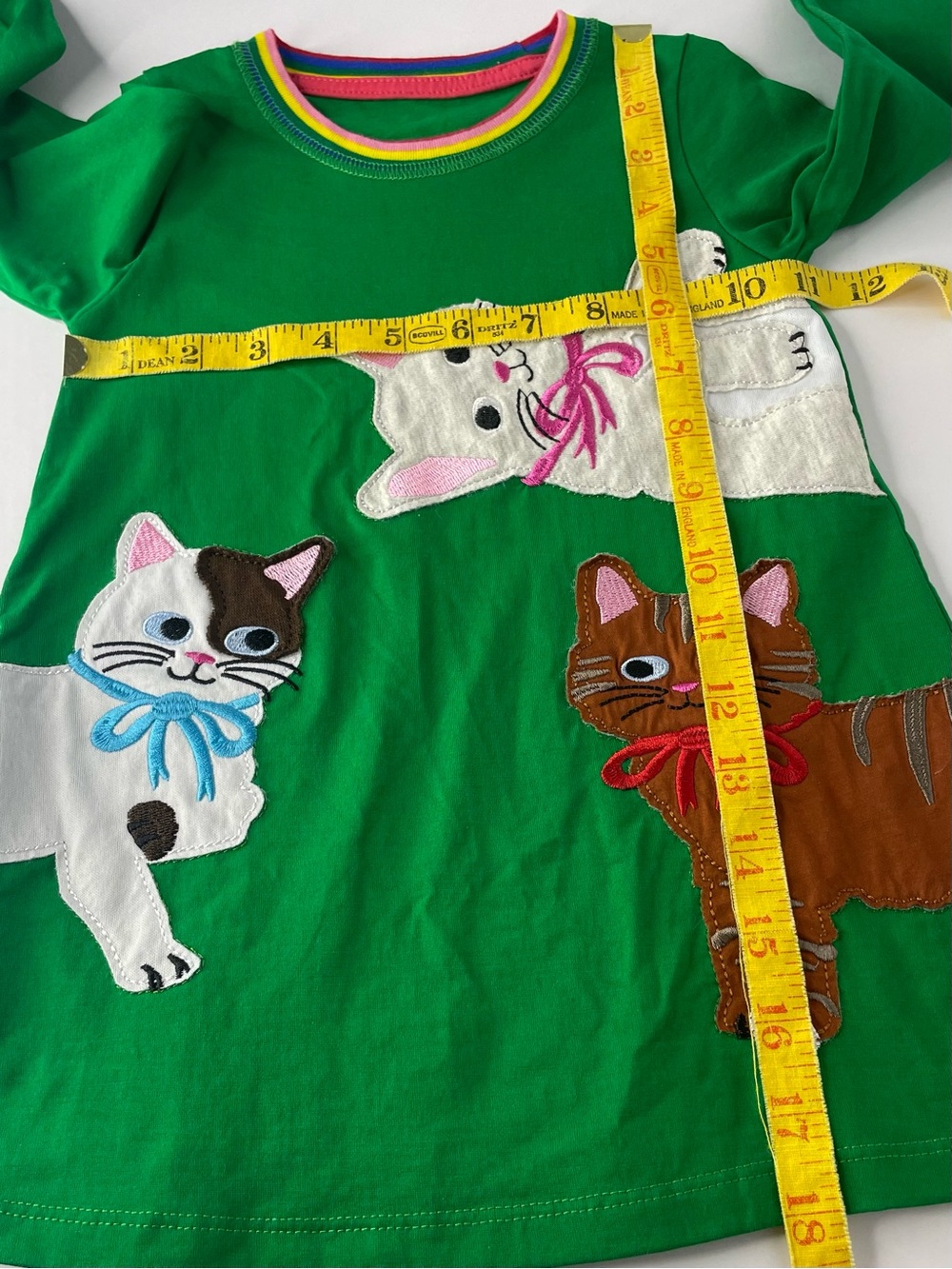 Green Kids Dress with Playful Cat Appliqués Crewneck LS 2Y - Picture 10 of 11